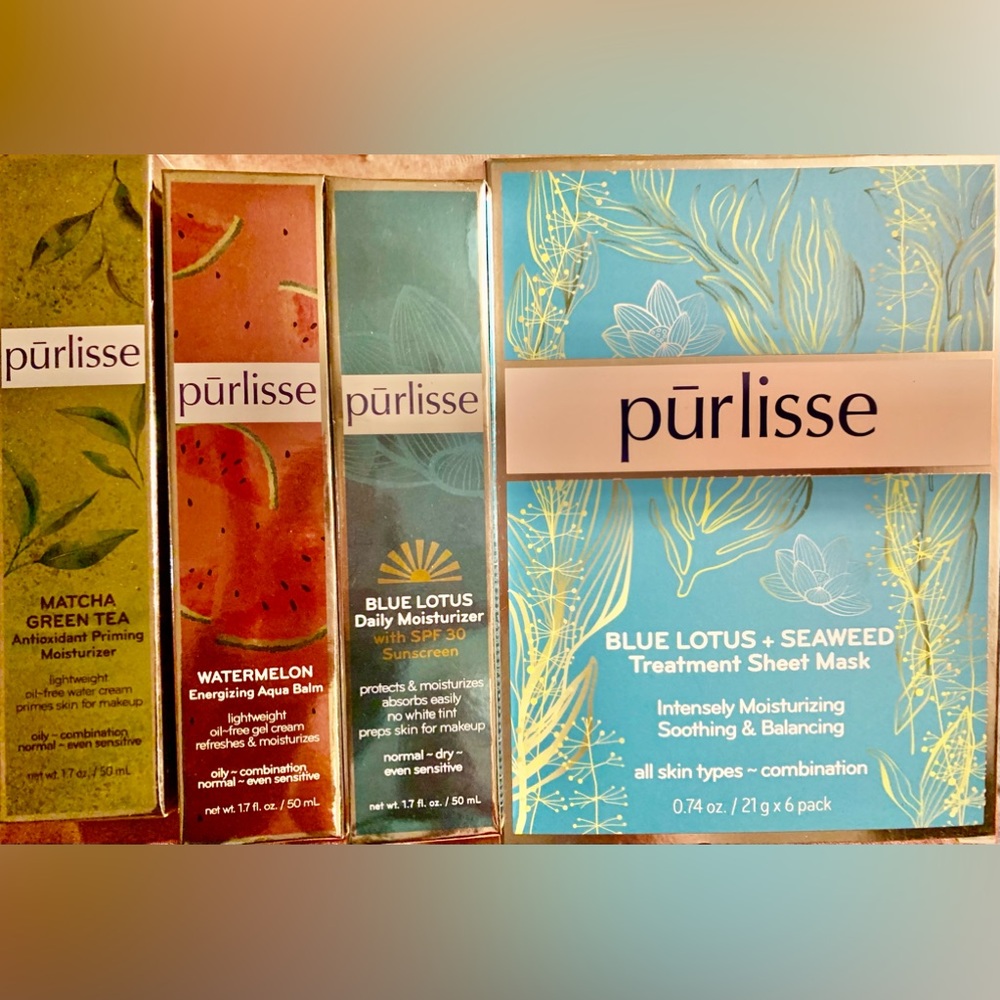 Pūrlisse Green tea moisturizer,watermelon aqua balm, Blue Lotus masks&sunscreen